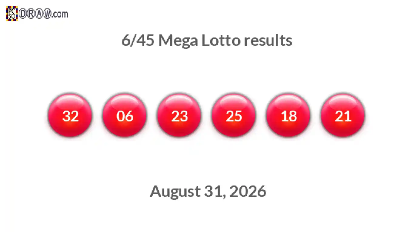 Mega Lotto 6/45 balls representing results on August 31, 2026