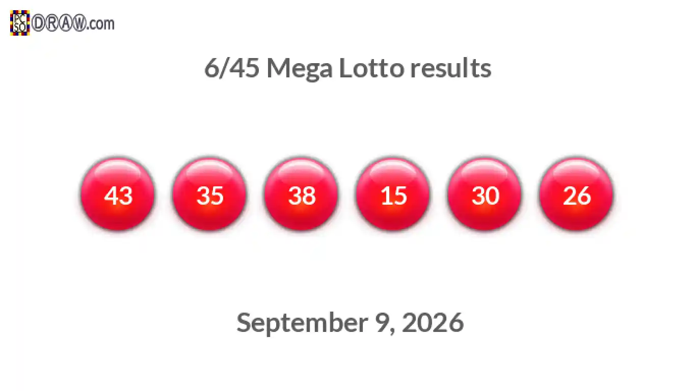 Mega Lotto 6/45 balls representing results on September 9, 2026