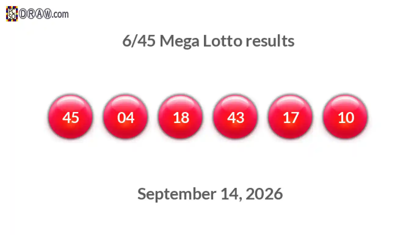 Mega Lotto 6/45 balls representing results on September 14, 2026