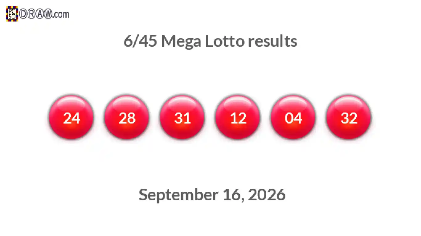 Mega Lotto 6/45 balls representing results on September 16, 2026