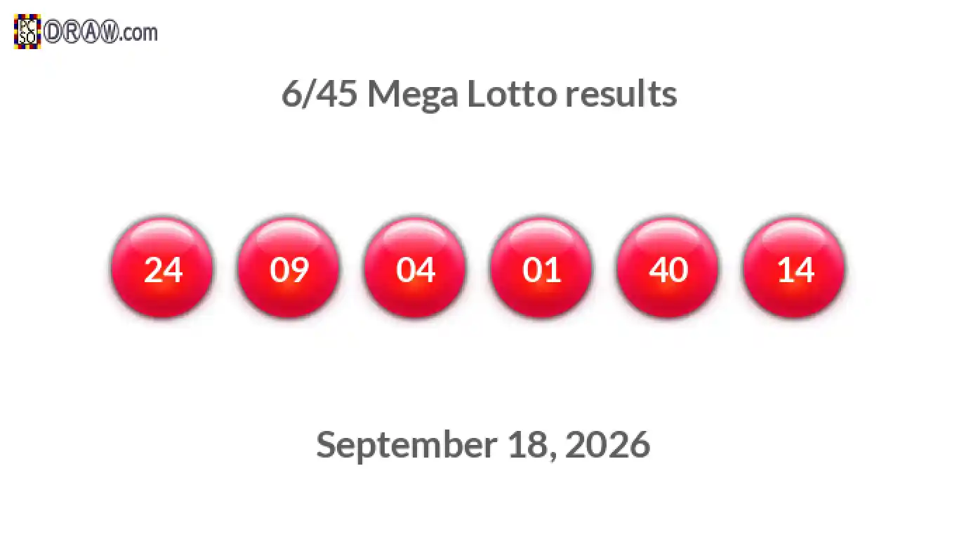 Mega Lotto 6/45 balls representing results on September 18, 2026
