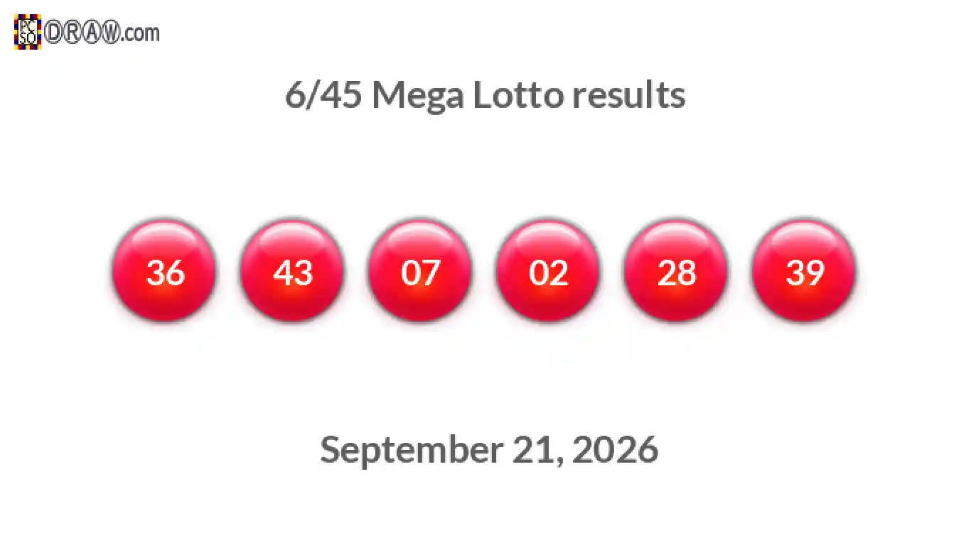 Mega Lotto 6/45 balls representing results on September 21, 2026