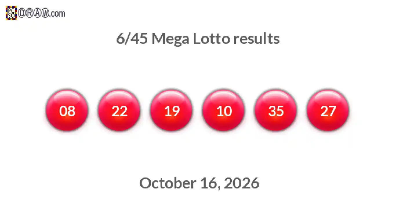 Mega Lotto 6/45 balls representing results on October 16, 2026