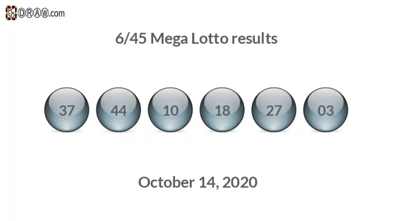 Mega Lotto 6/45 balls representing results on October 14, 2020