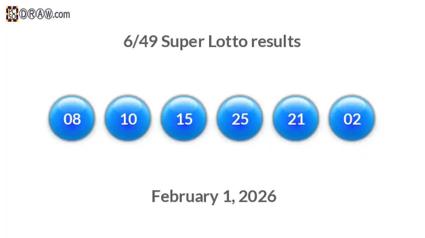 Super Lotto 6/49 balls representing results on February 1, 2026