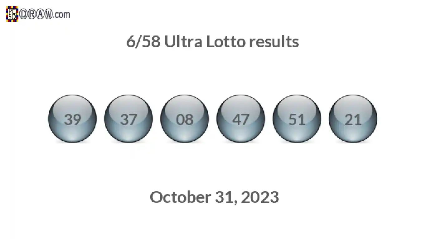 Ultra Lotto 6/58 balls representing results on October 31, 2023