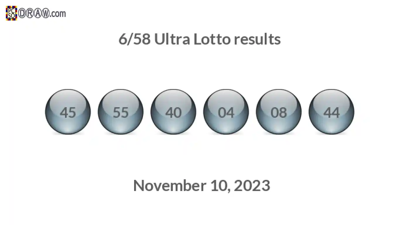 Ultra Lotto 6/58 balls representing results on November 10, 2023