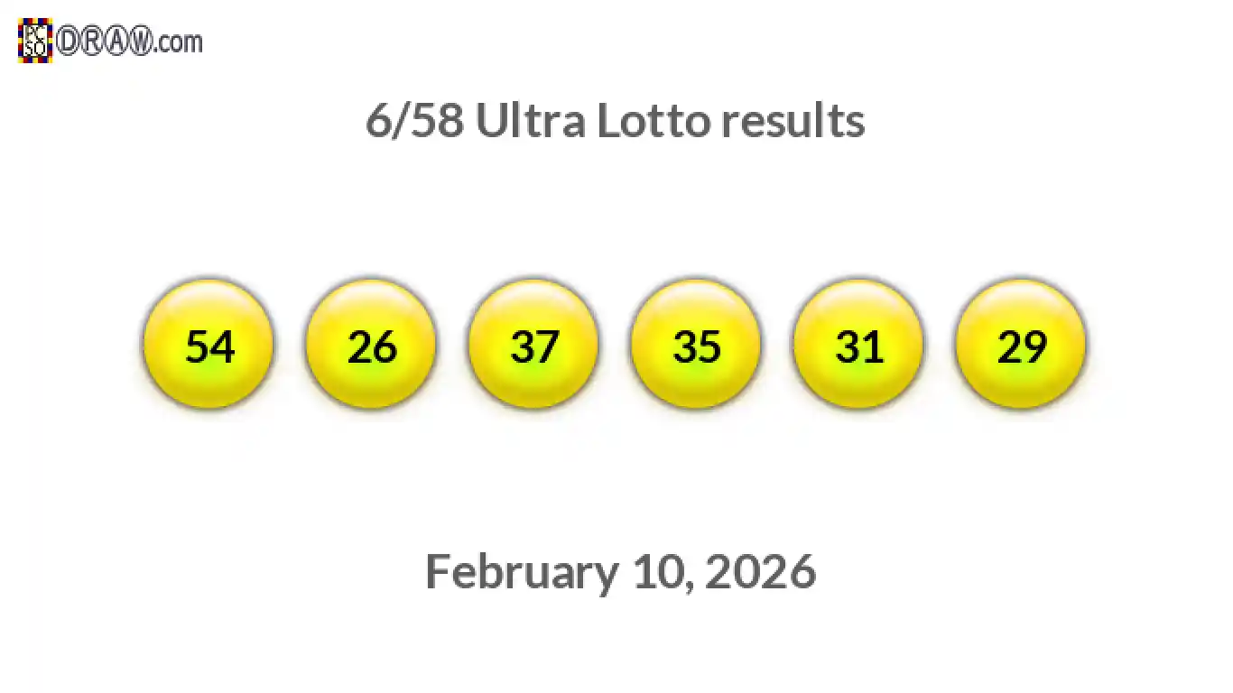 Ultra Lotto 6/58 balls representing results on February 10, 2026