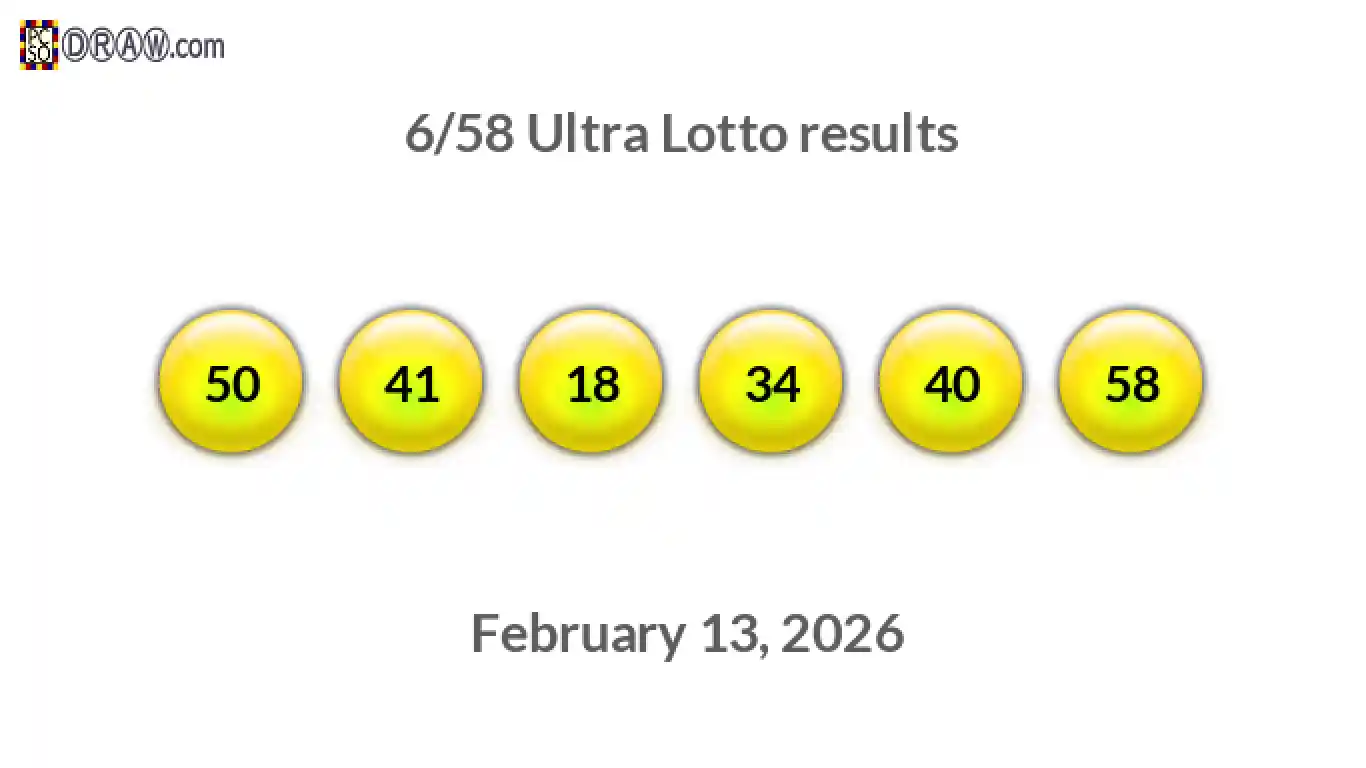 Ultra Lotto 6/58 balls representing results on February 13, 2026