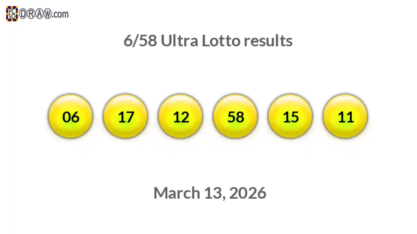 Ultra Lotto 6/58 balls representing results on March 13, 2026